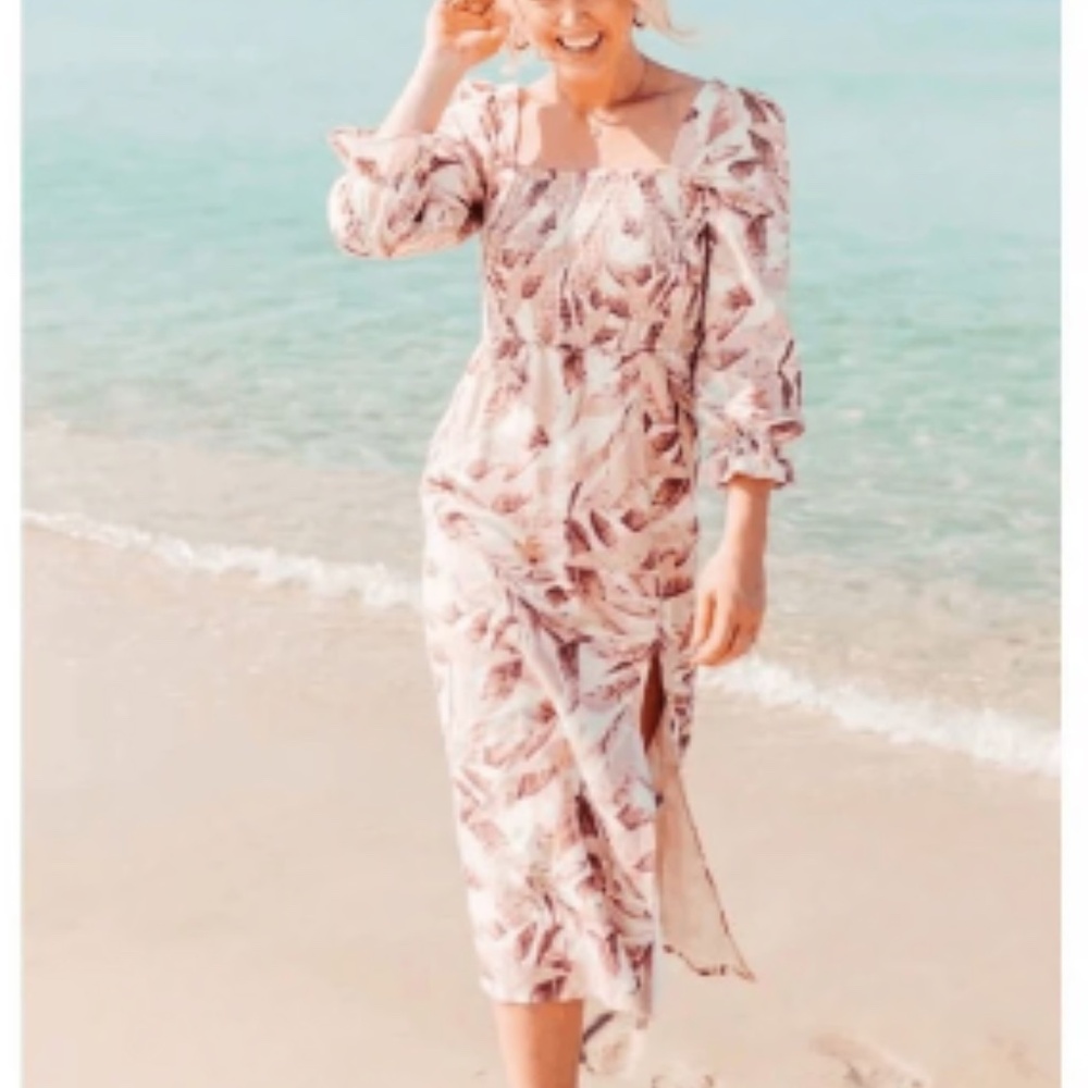 House of Harlow 1960 Linen Smocked Leaf Print Midi Dress M Boho Beach Coastal